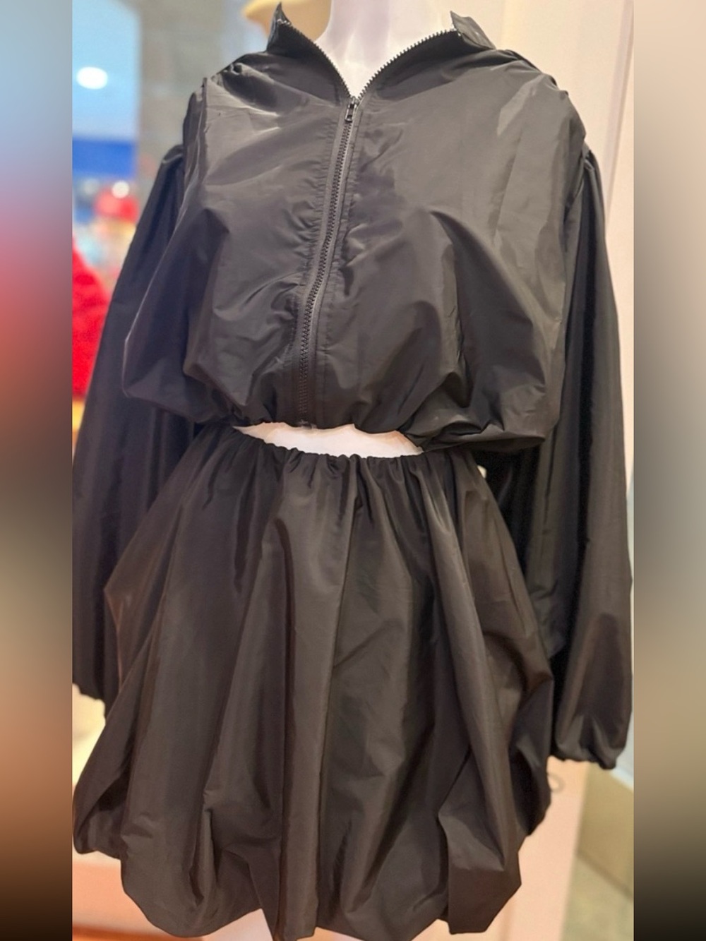 Cropped Black Bomber/Bubble Jacket Skirt Set - Women